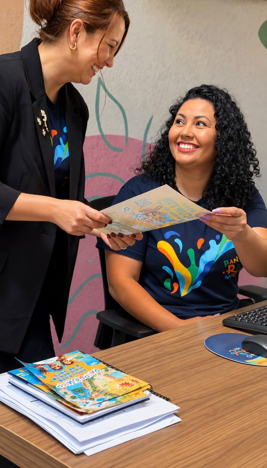 Equipe do Panorâmico no escritório com materiais de divulgação do parque