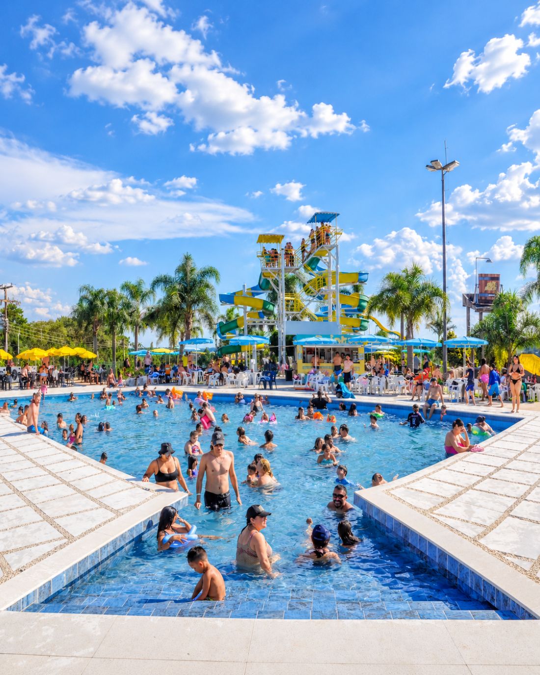 Piscina do Panorâmico cheia num dia de sol, com toboáguas ao fundo