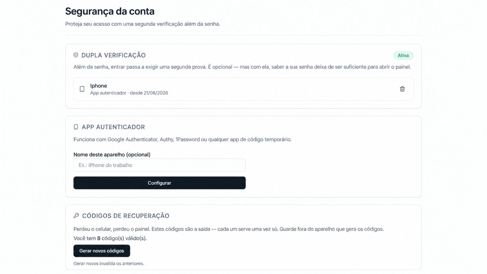 Tela real do módulo Segurança
